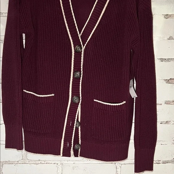 Old Navy Women's Maroon Button-Front Cardigan with Cream Trim - Picture 3 of 10